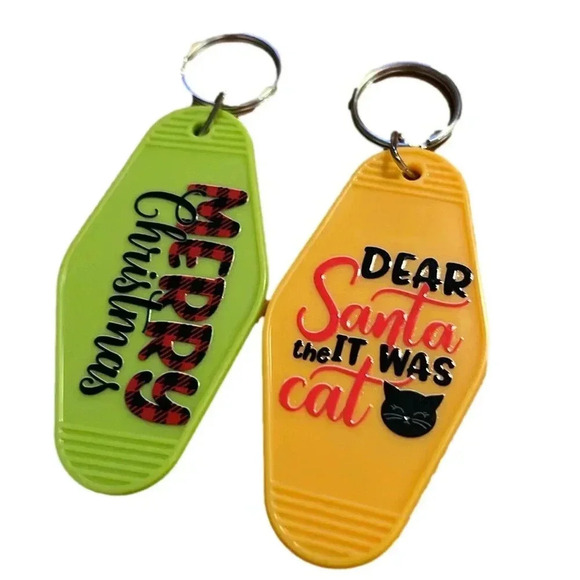 Holiday Key Tags, Dear Santa, Cat, Merry Christmas, Red Plaid (Set of 2) - Picture 1 of 8